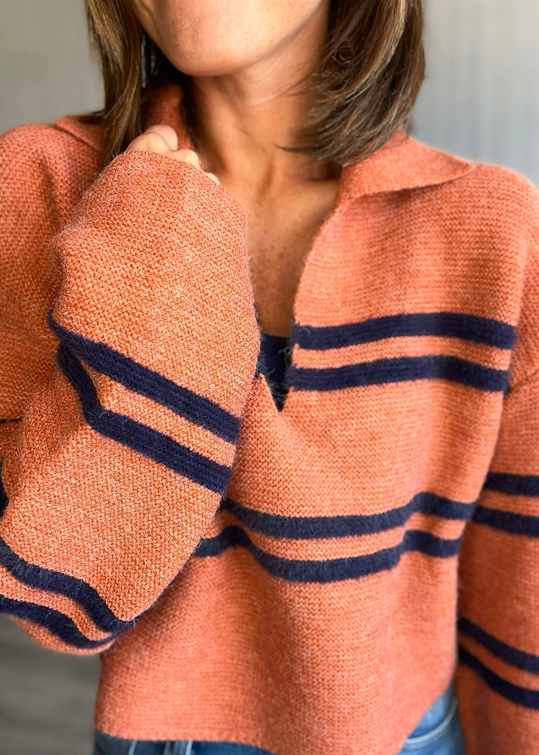 Women's Rust-Orange & Navy Striped Cropped Sweater