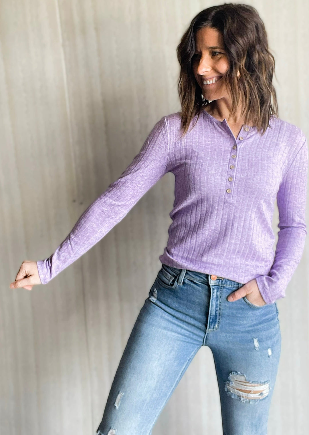 Women's Heathered Lavender Ribbed Long Sleeve Henley Shirt