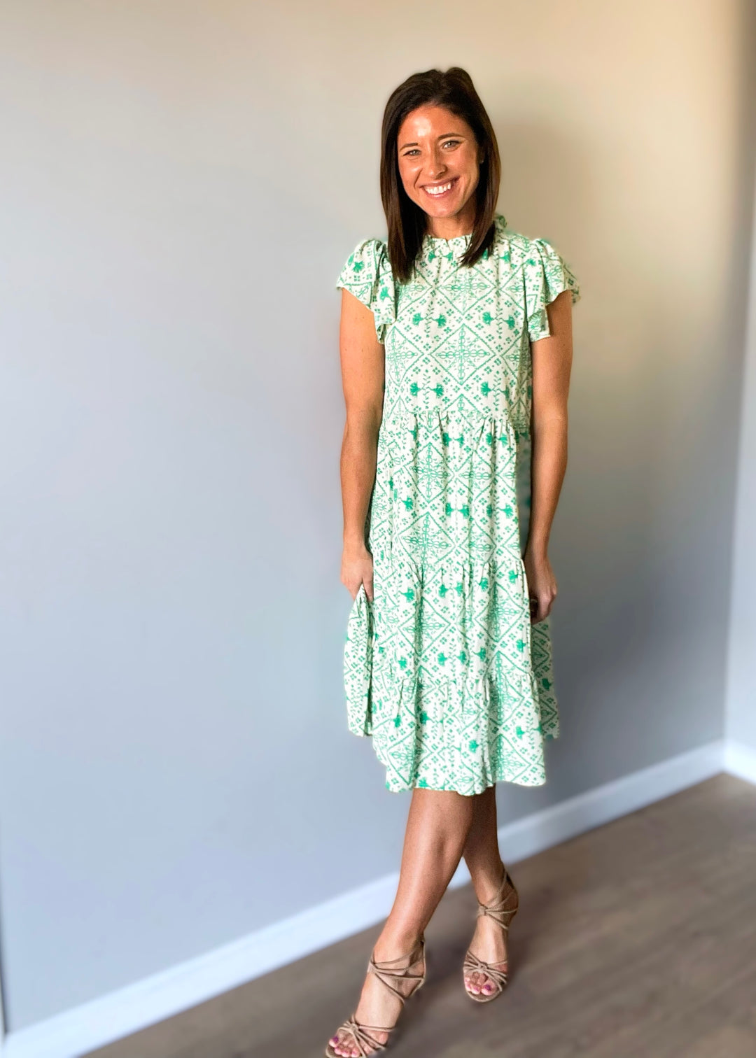 Flowy Printed Midi Dress | Spring and Summer Dresses  | Green and White Dress