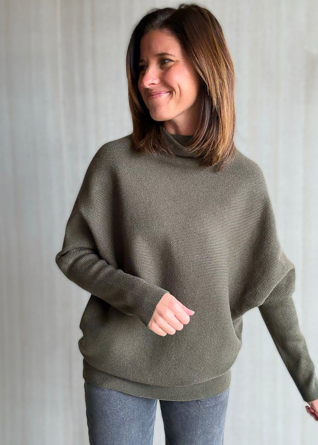 Women's Olive Green Dolman Sleeve Mock Neck Sweater | Cute Winter Classy Sweaters