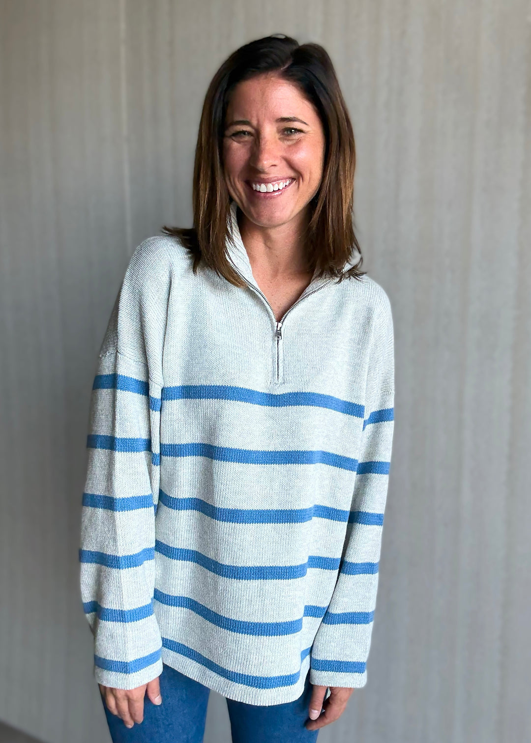 Women's Light Gray Striped Quarter Zip Sweater with Blue Stripes