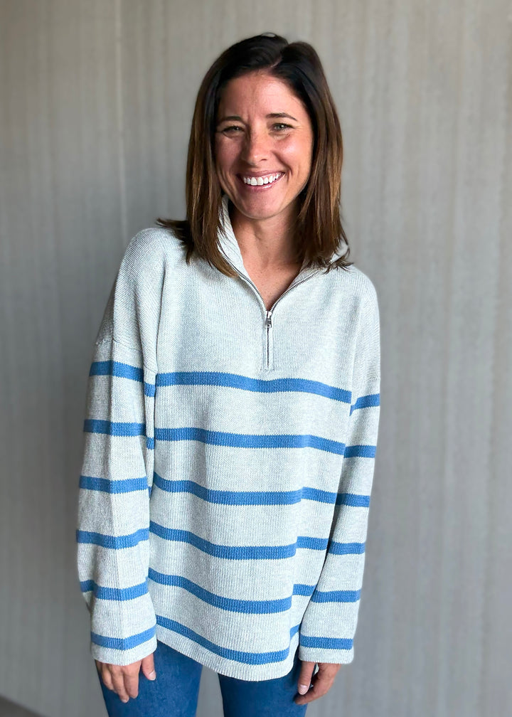 Women's Light Gray Striped Quarter Zip Sweater with Blue Stripes