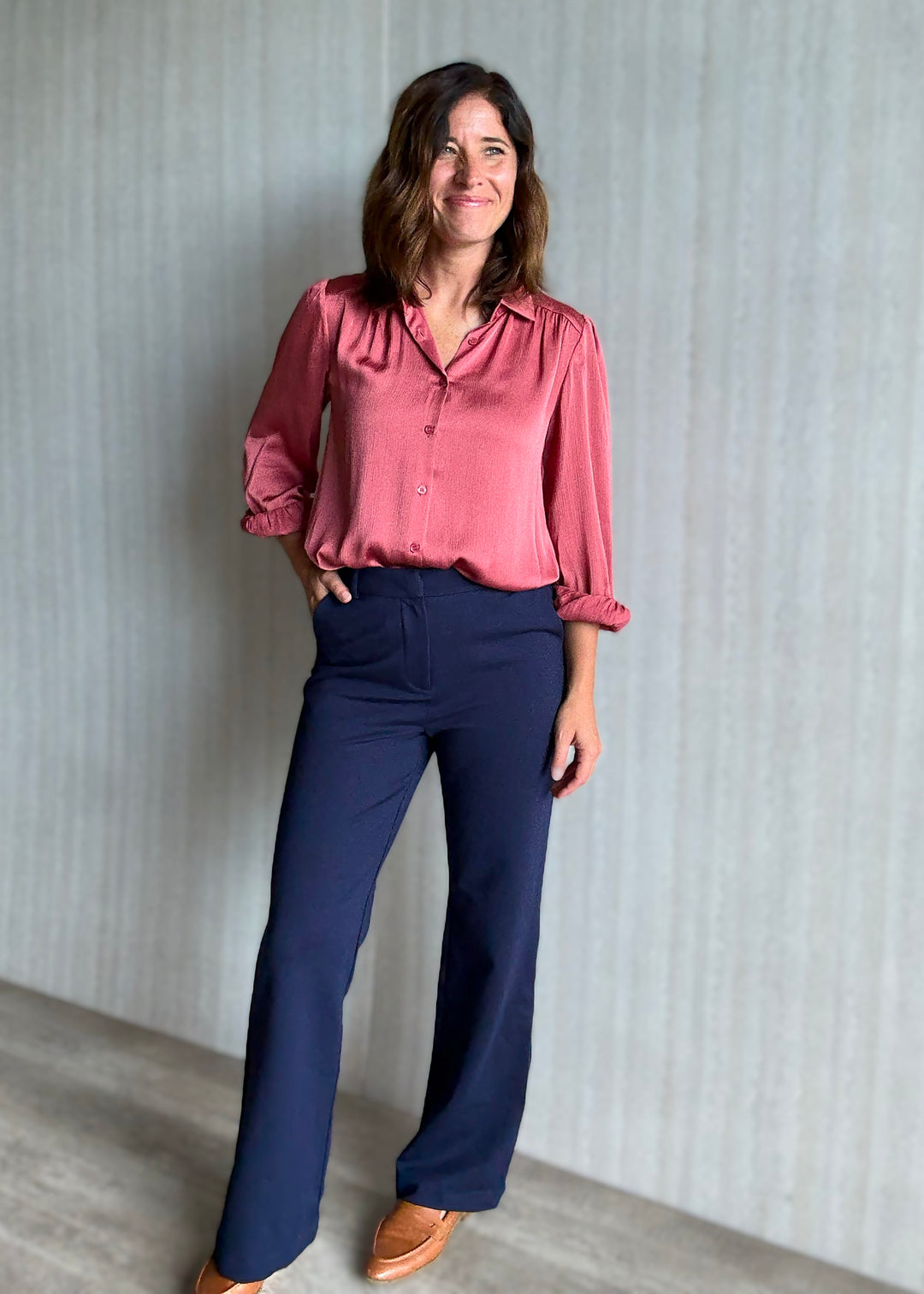 Skies Are Blue Women's Navy Knit Wide Leg Pants | Work Dress Pants