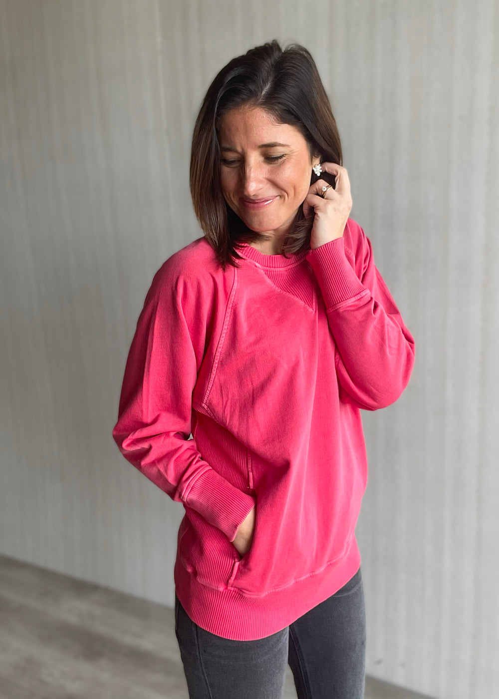 Cute Women's Red-Pink Pullover Sweatshirt