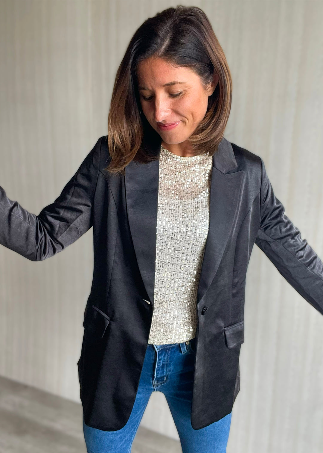 Women's Sequin Long Sleeve Top with Black Satin Blazer | Cute Top for the Holidays, Cute Top for NYE