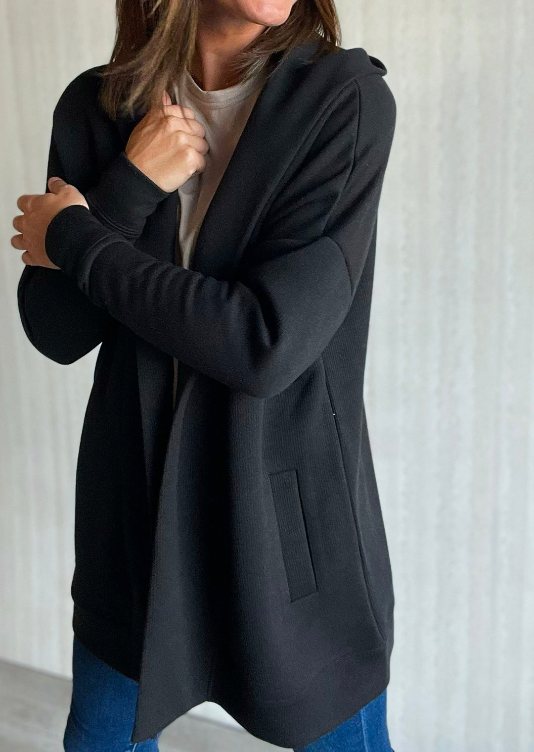 Black Open Front Athleisure Hooded Cardigan