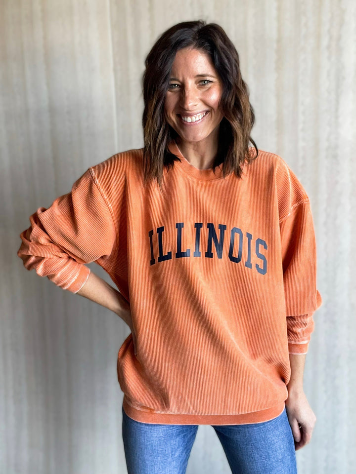 Burnt Orange Corded Illinois Crew Sweatshirt Pullover | Buy at Embolden, a Champaign-Urbana Boutique