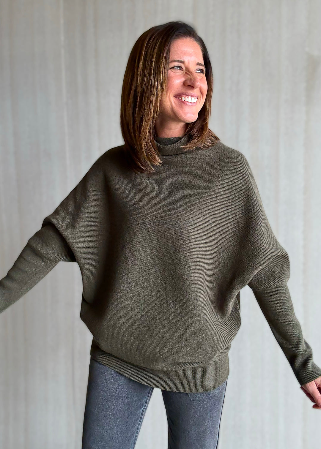 Women's Olive Green Dolman Sleeve Mock Neck Sweater | Cute Winter Classy Sweaters