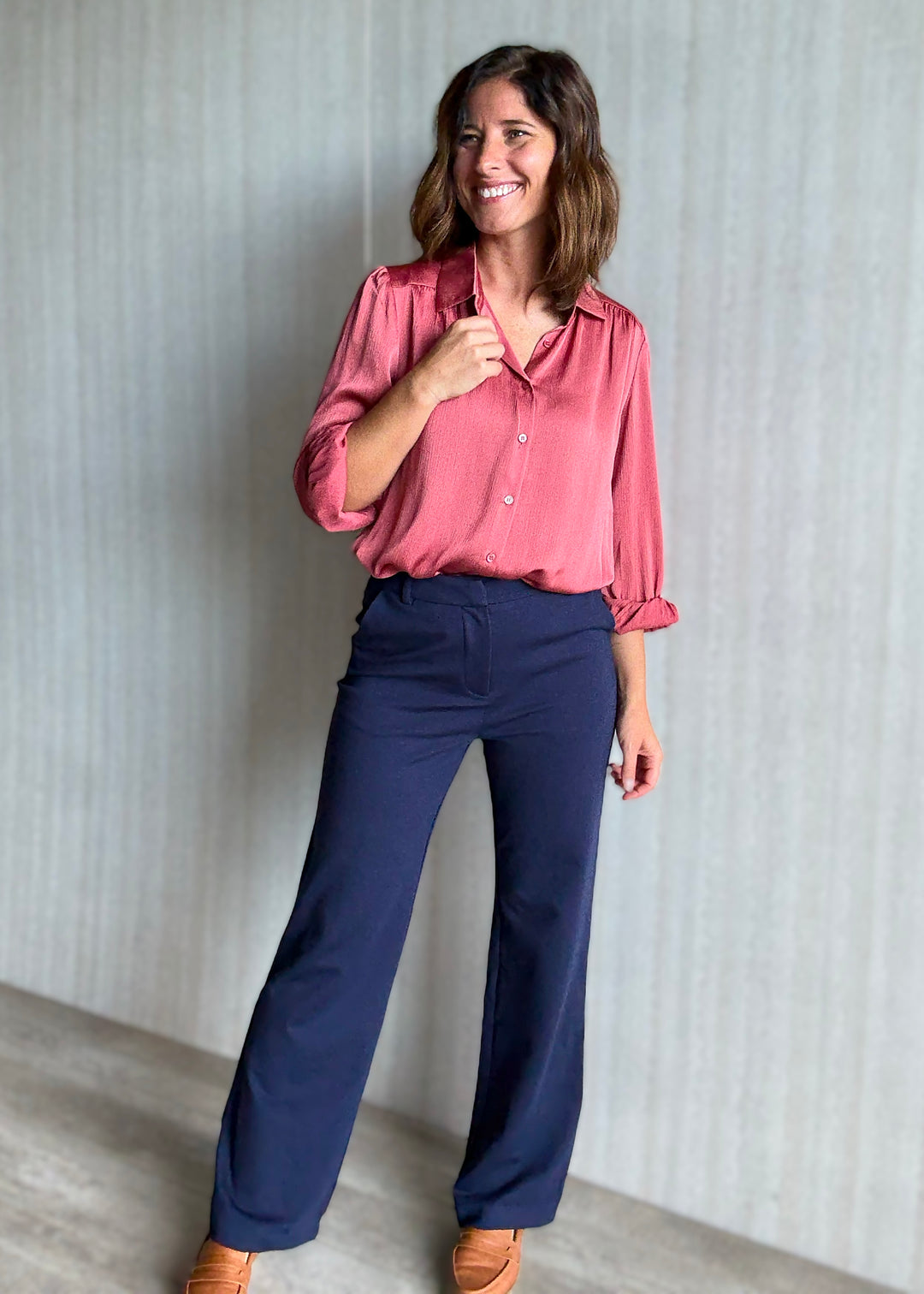 Skies Are Blue Women's Navy Knit Wide Leg Pants | Work Dress Pants