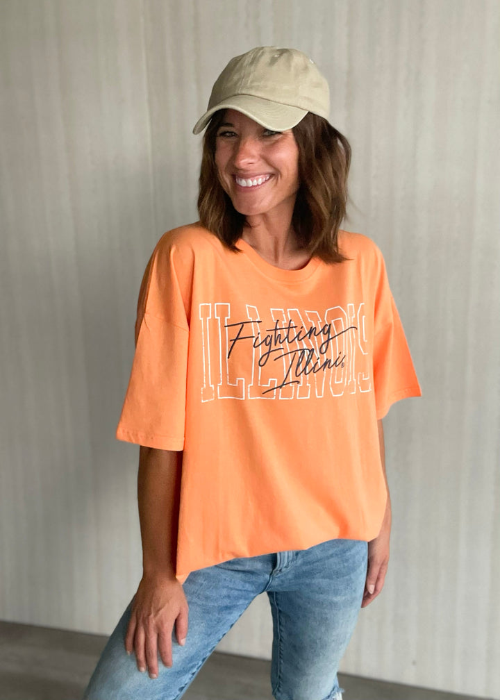 Women's Orange Embroidered Fighting Illini Tee | Champaign-Urbana Boutique with game day outfits for Illinois games.