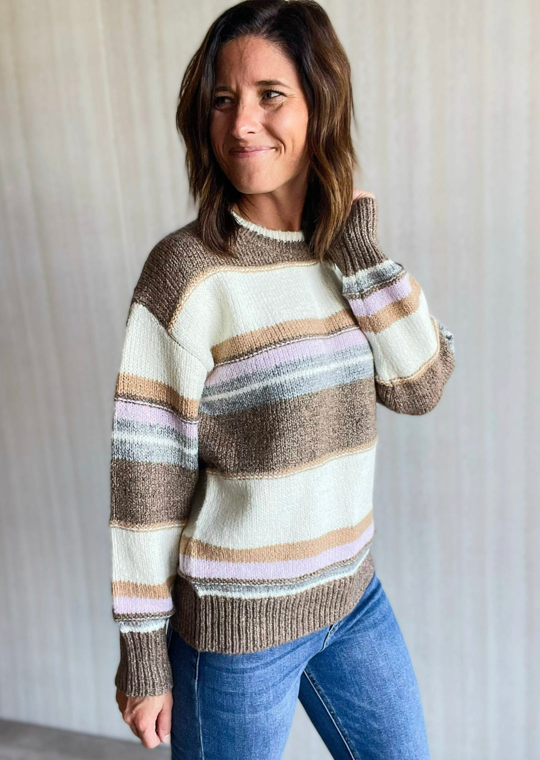 Taupe Striped Sweater with Lavender