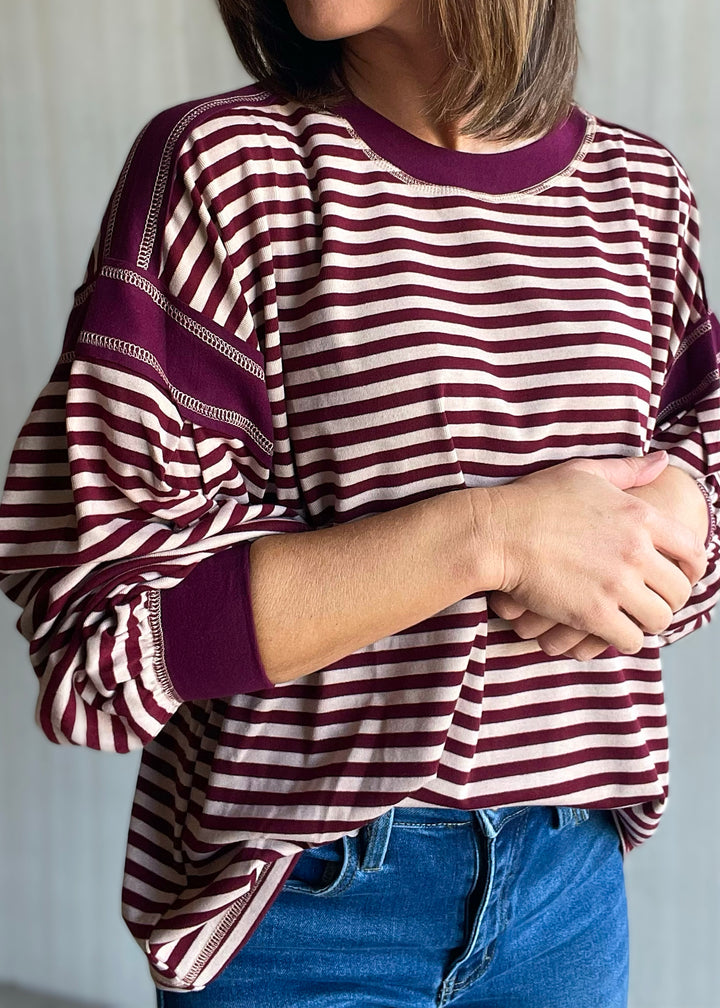 Women's Burgundy Striped Long Sleeve Top