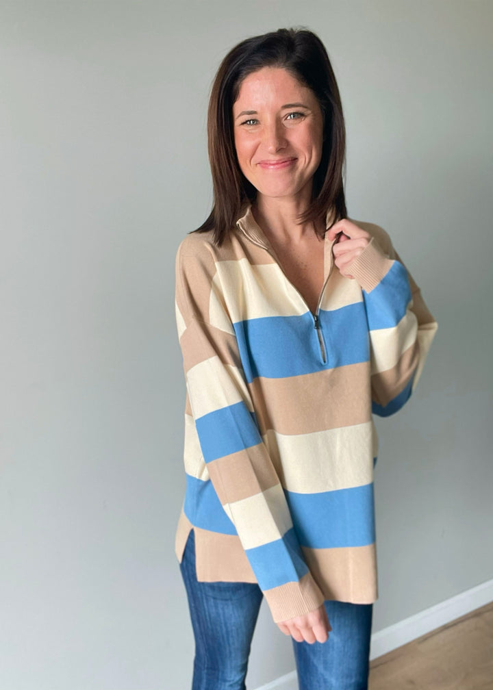 Women's Striped Half-Zip Sweater - Light Blue and Tan