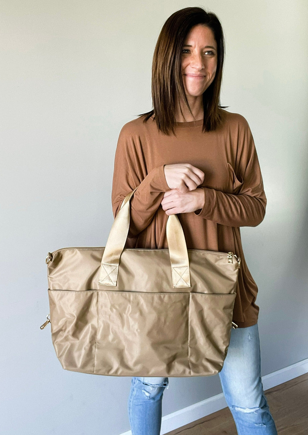 Women's Travel Bag - Taupe Nylon Weekender Bag