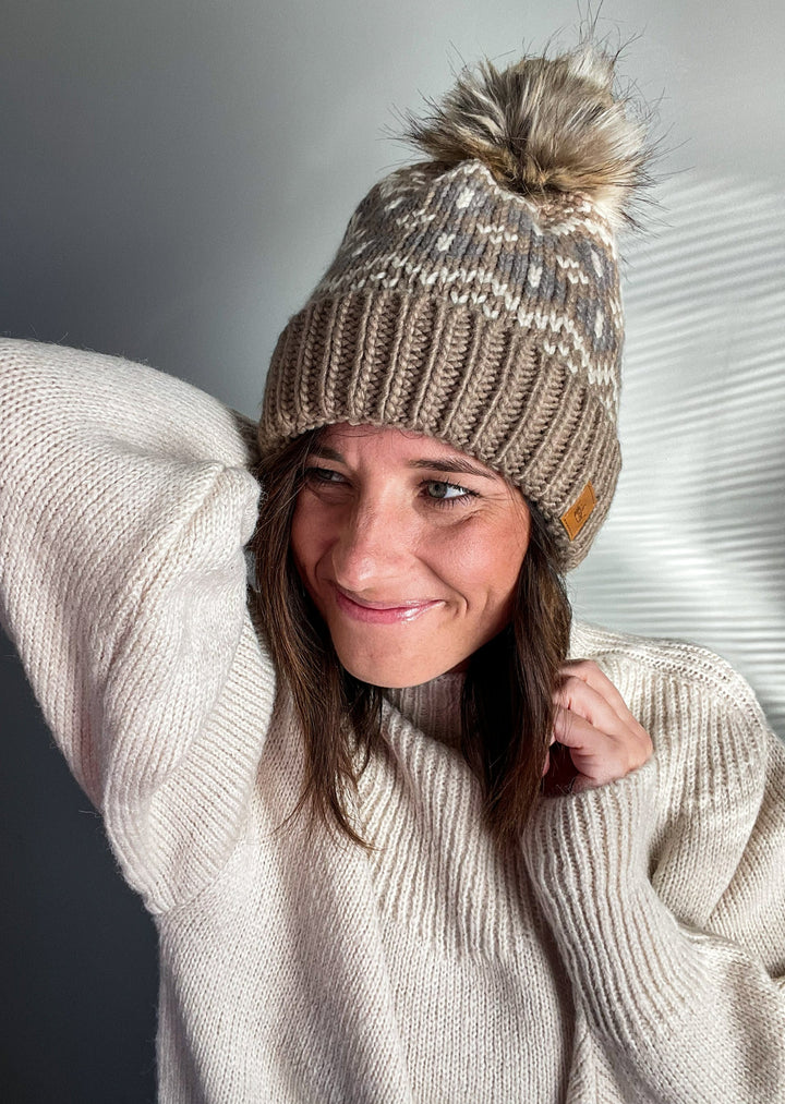 Taupe, Beige and Gray Patterned Pom Hat