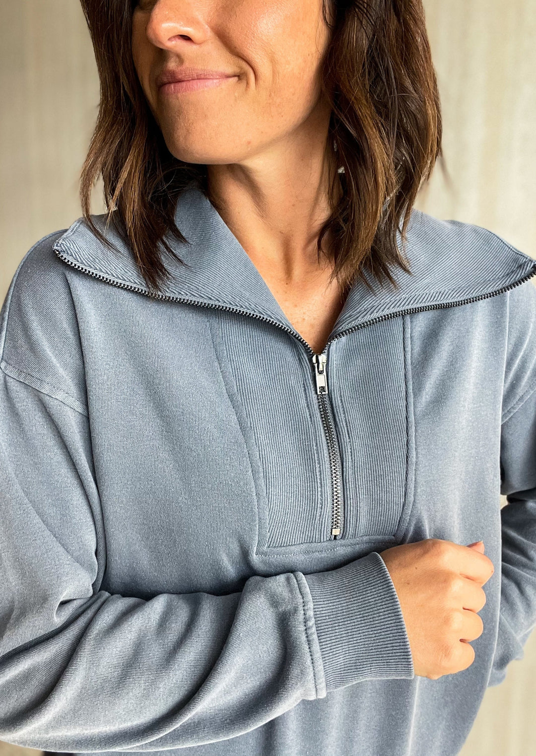 Light blue three quarter zip pullover sweatshirt for women - Thread & Supply