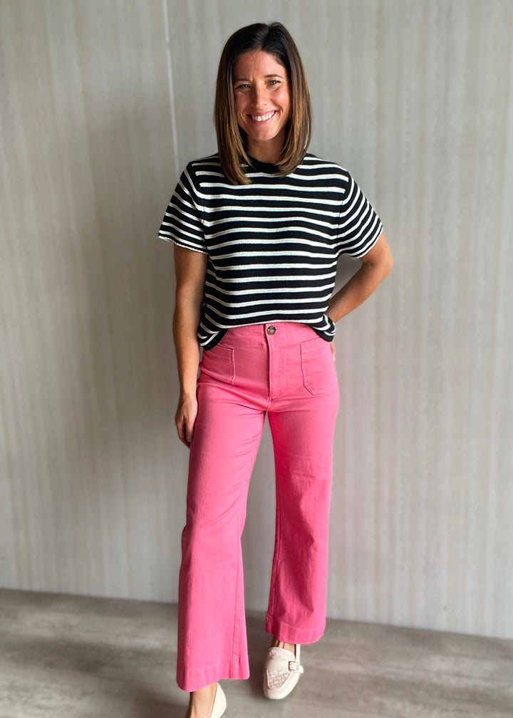 Cute Summer Outfit - Pink Cropped Wide Leg Pants with high waist paired with a light weight black and white striped short sleeve sweater