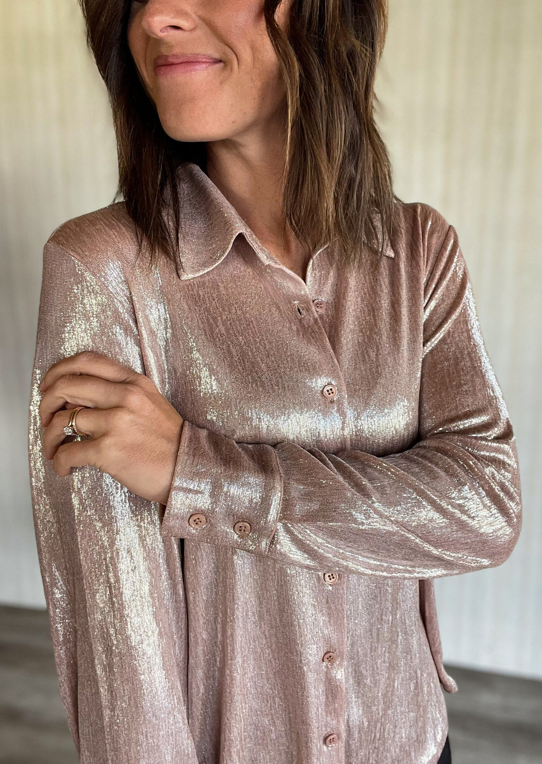 Blush Foil Coated Blouse - perfect tops for New Years Eve (Skies Are blue)