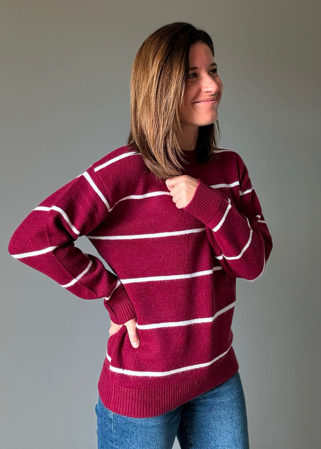 Striped Crew Neck Sweater (Maroon)