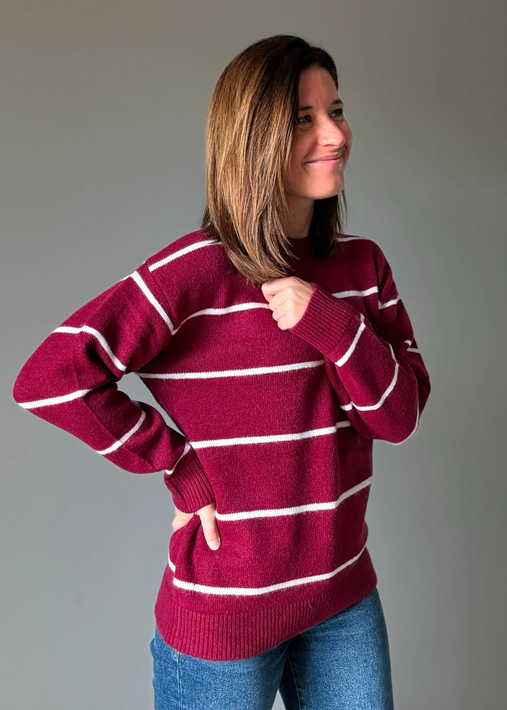 Striped Crew Neck Sweater (Maroon)