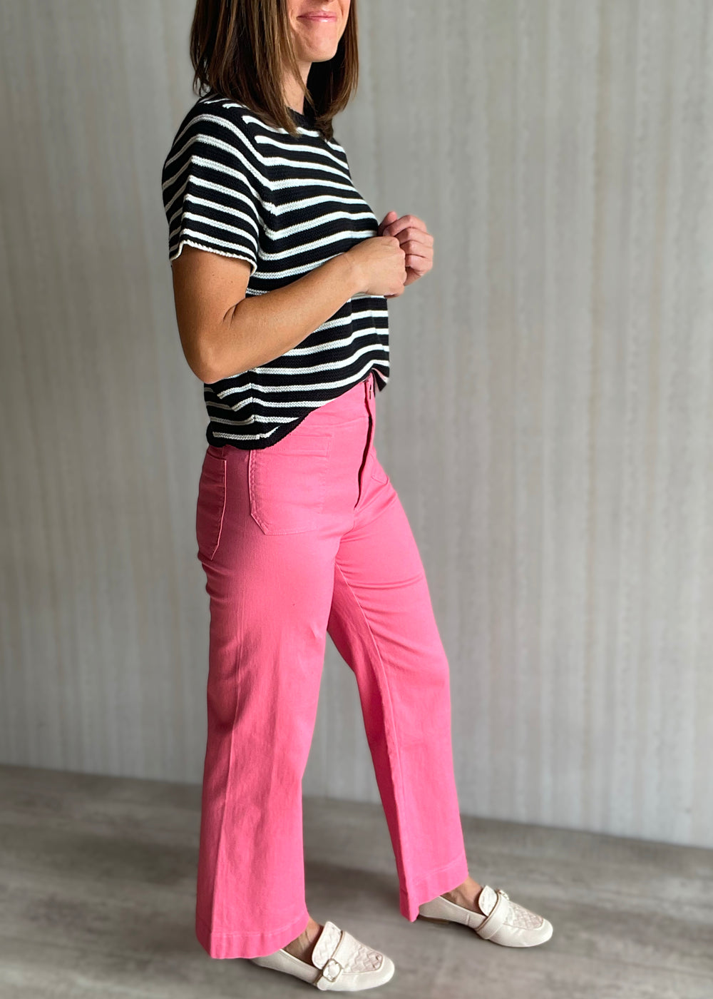 Cute Summer Outfit - Pink Cropped Wide Leg Pants with high waist paired with a light weight black and white striped short sleeve sweater