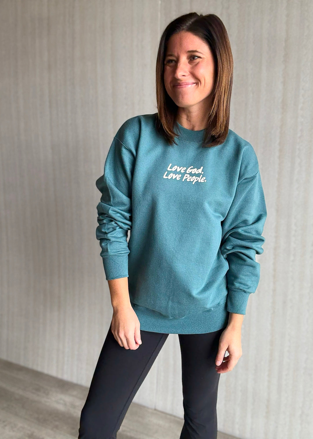 Dark Teal Love God Love People Sweatshirt
