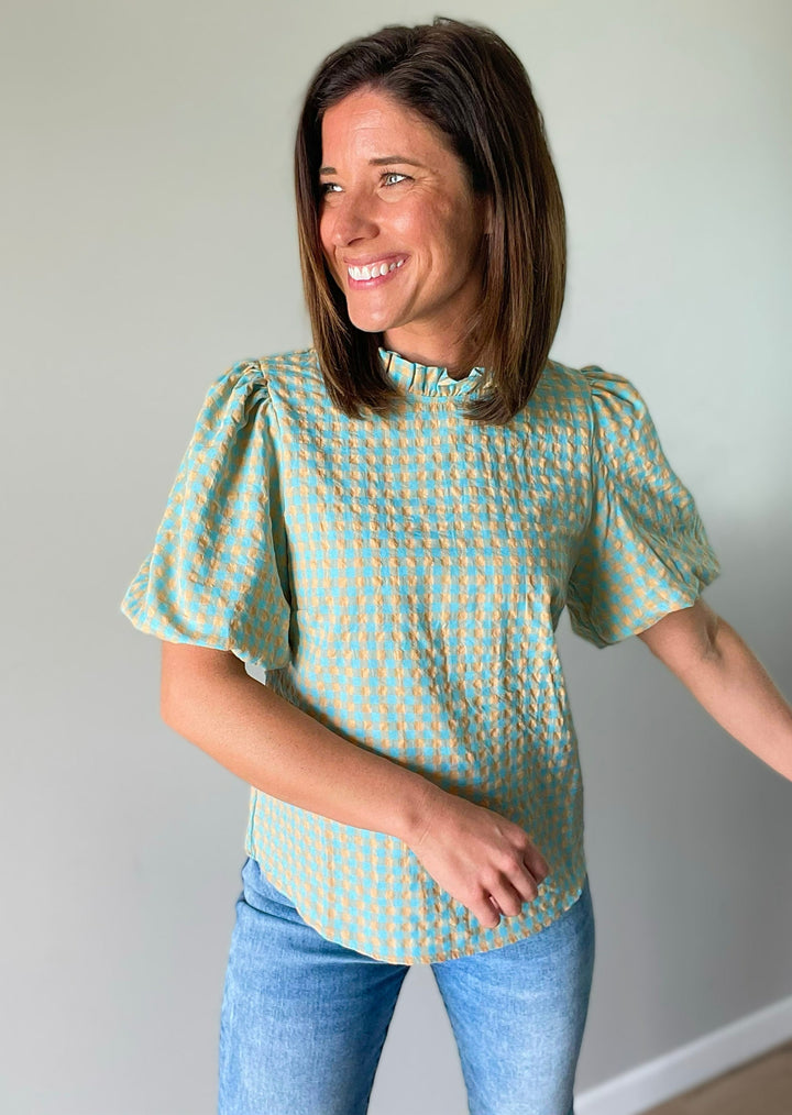 Checkered Melon & Aqua Women's Blouse