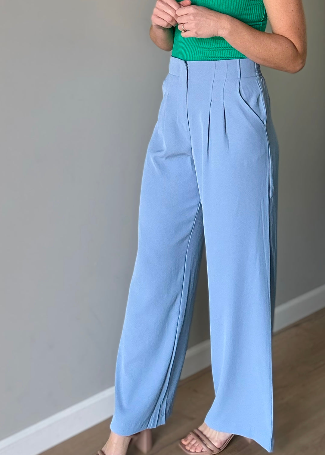 Women's Dress Pants - Skies Are Blue Brand - Dusty Blue Pintuck Wide Leg Pants
