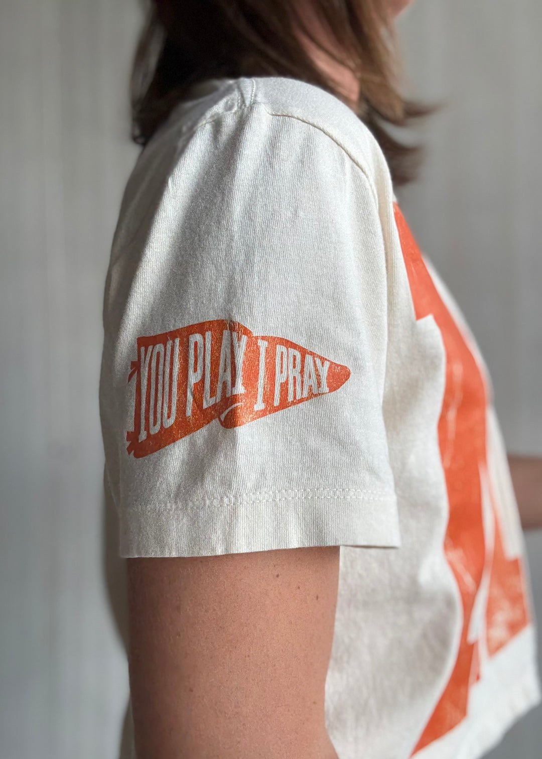 Women's Mahomet Seymour Cream and orange cropped t-shirt | Cute Mahomet Bulldogs Fanwear