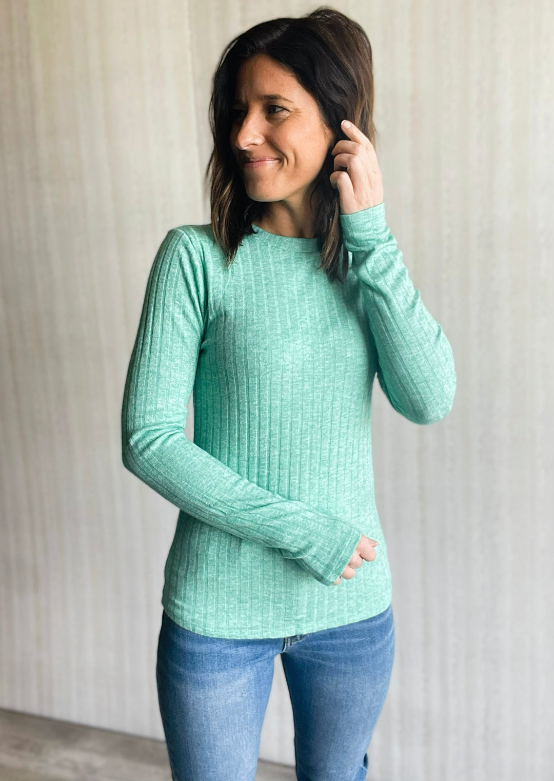 Women's Heathered Green Ribbed Long Sleeve Top
