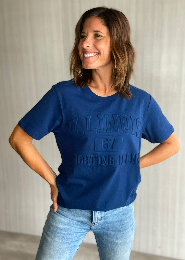 Navy Embossed Illinois Fighting Illini Tee | Champaign-Urbana Clothing Boutique with outfits perfect for Illinois Game Day!