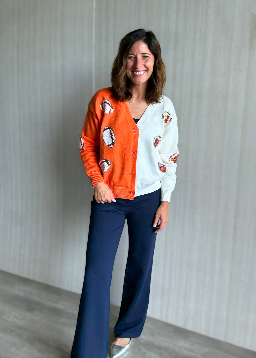 Women's Orange & White Sequin Football Cardigan 