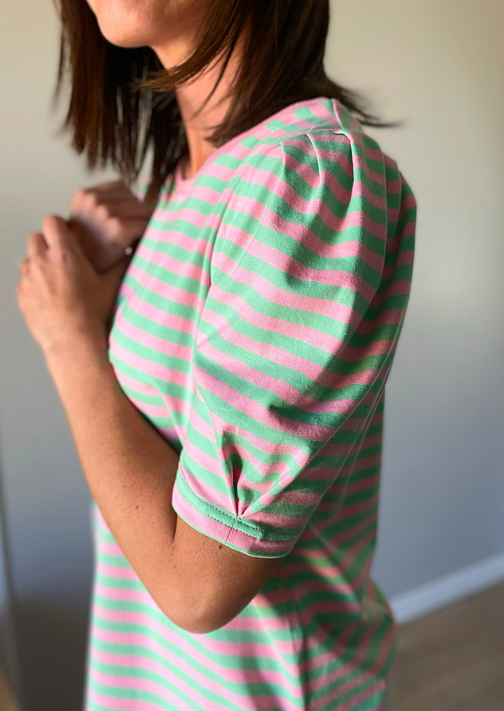 Women's Striped Puff Sleeve Top (Pastel - Pink and Mint Green))