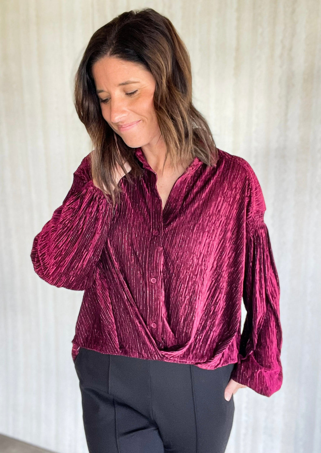 Holiday blouses - Burgundy Velvet Button Down Shirt (Office Holiday Party Outfit)
