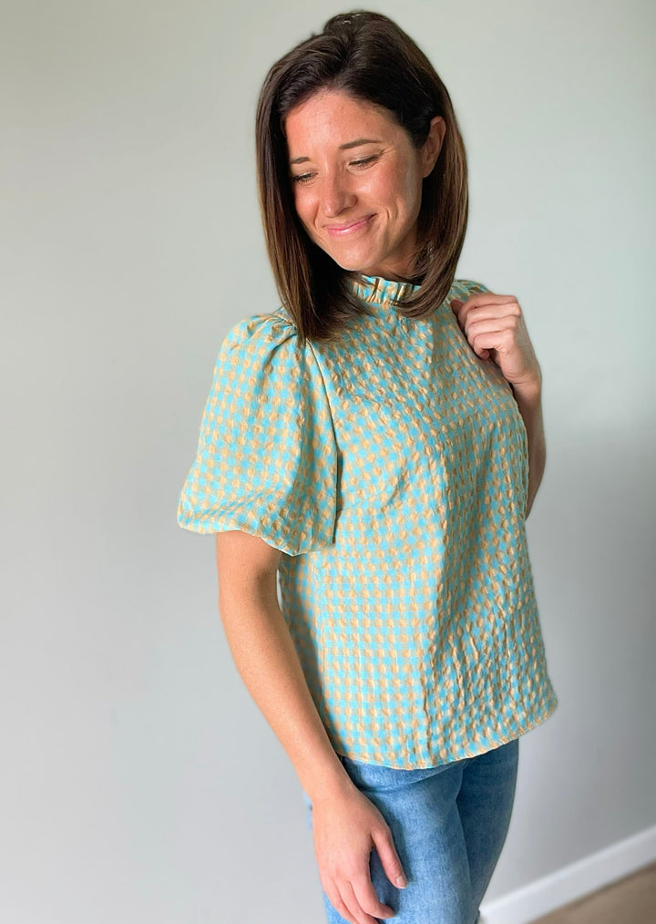 Checkered Melon & Aqua Women's Blouse