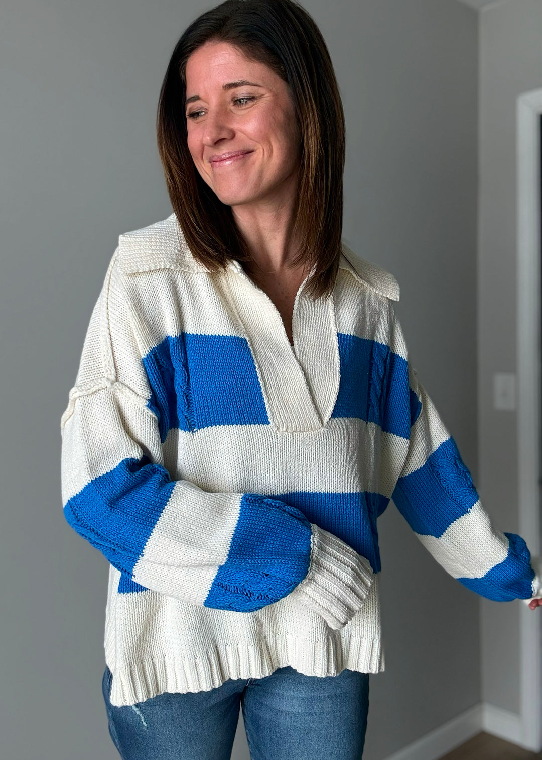 Women's Chunky Spring Sweater - Chunky Knit Pullover Sweater | blue and ivory striped sweater