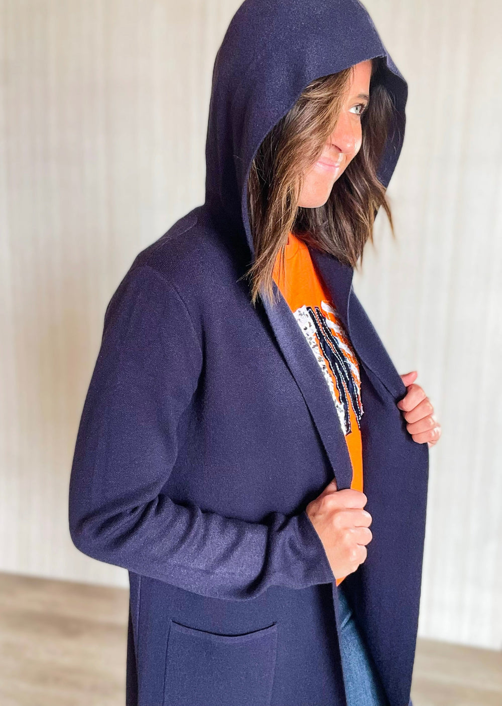 Long Navy Hooded Cardigan from Central Illinois Women's Clothing Boutique