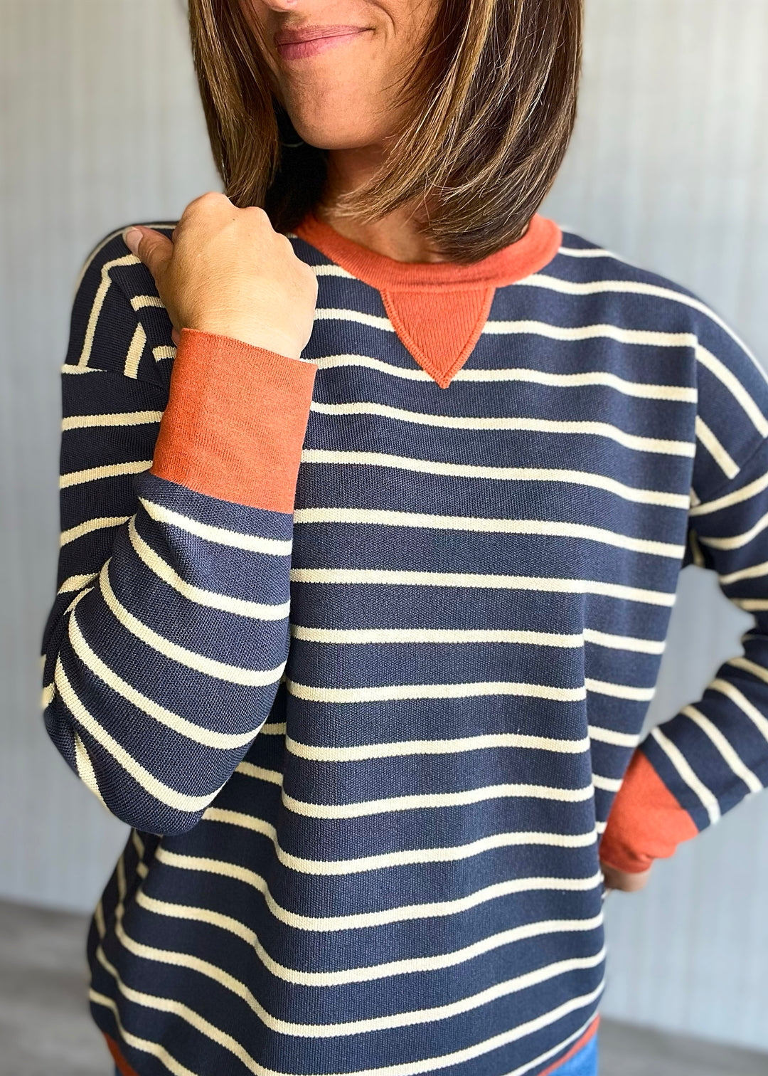 Women's Midnight Blue & Orange Rust Striped Sweater