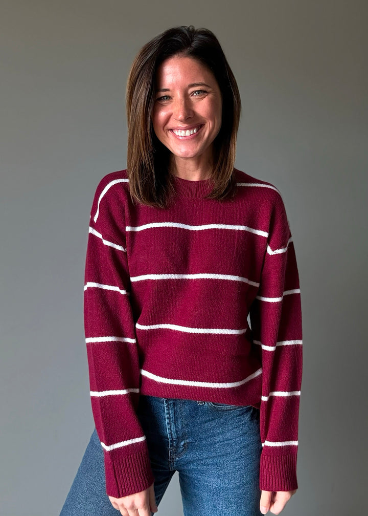 Striped Crew Neck Sweater (Maroon)