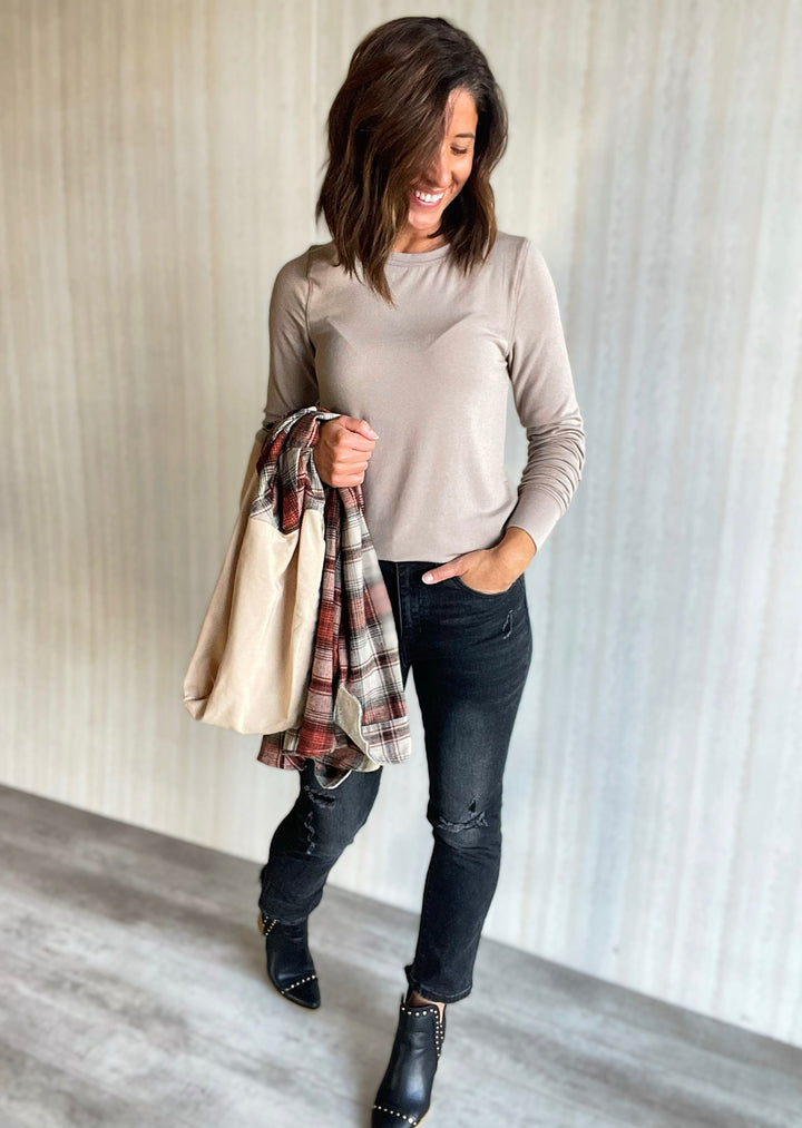 Basic Taupe Crew Long Sleeve | Ribbed Taupe Long Sleeve Layering Top
