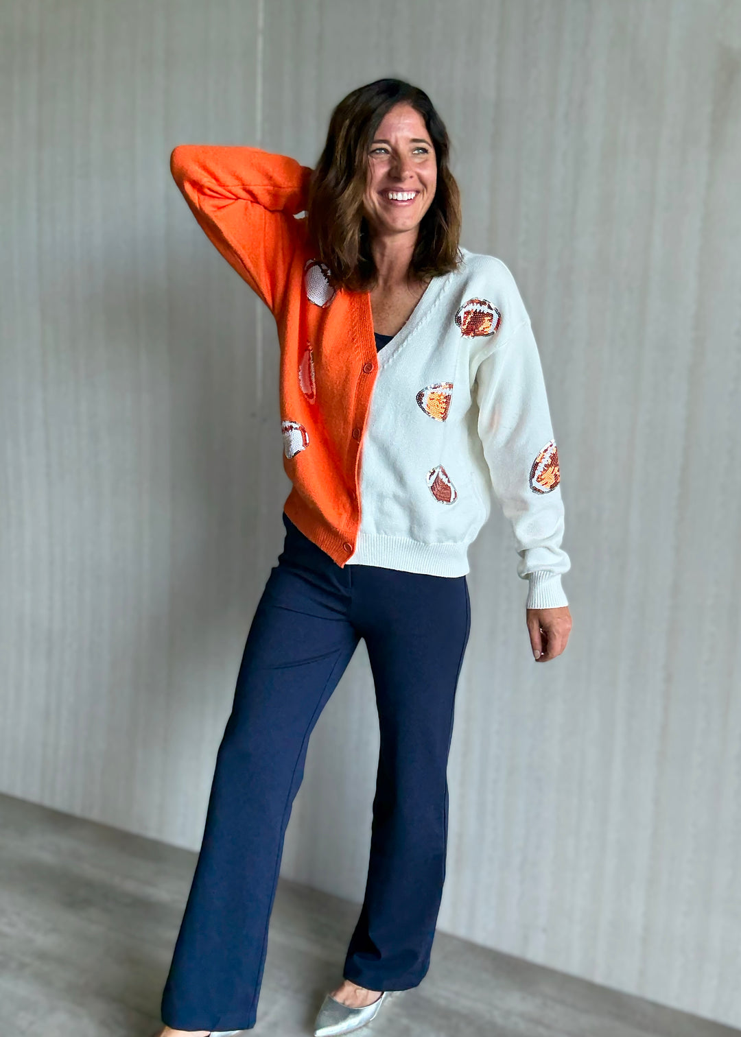 Women's Orange & White Sequin Football Cardigan 