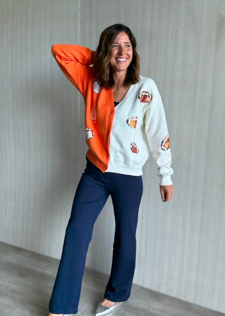 Women's Orange & White Sequin Football Cardigan 