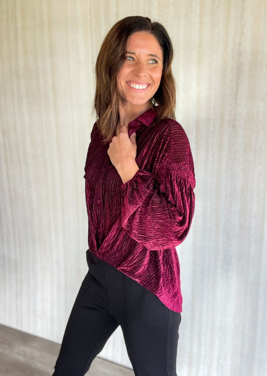 Holiday blouses - Burgundy Velvet Button Down Shirt (Office Holiday Party Outfit)