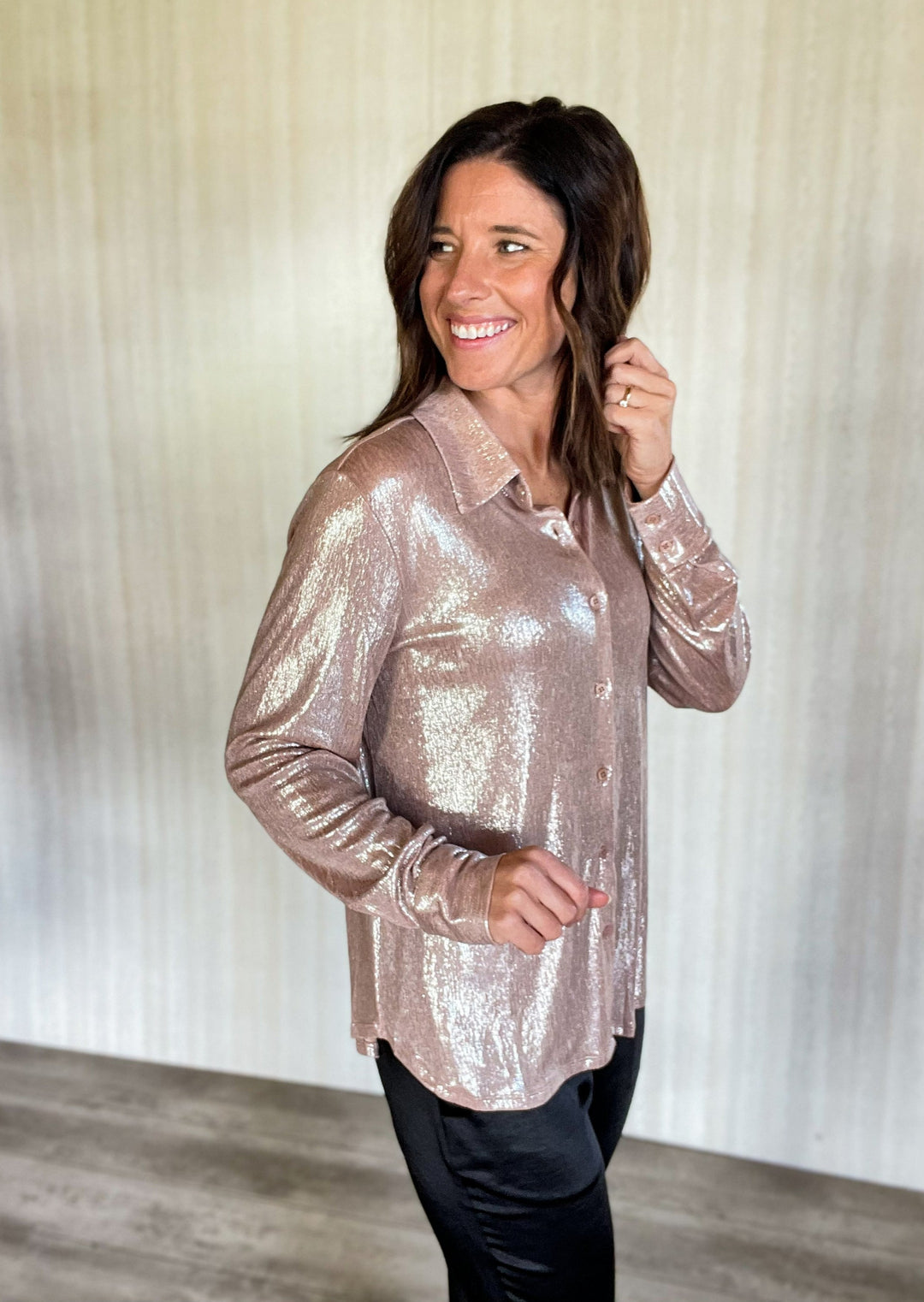 Blush Foil Coated Blouse - perfect tops for New Years Eve (Skies Are blue)