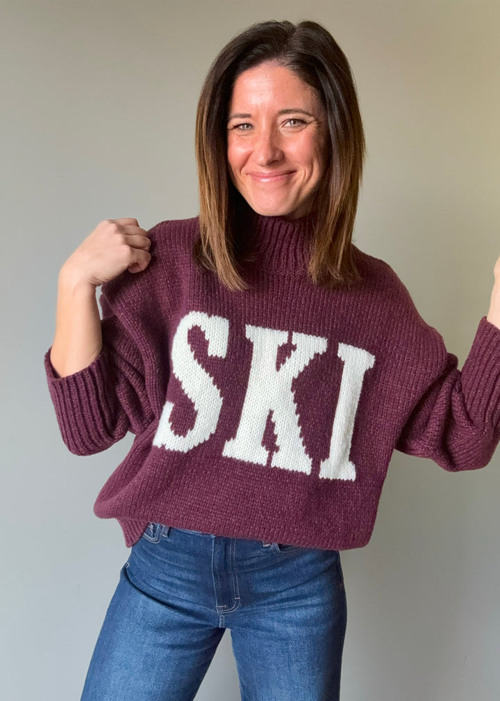 Women's Ski Graphic Sweater in a wine maroon color. | Women's Cozy Winter Sweaters