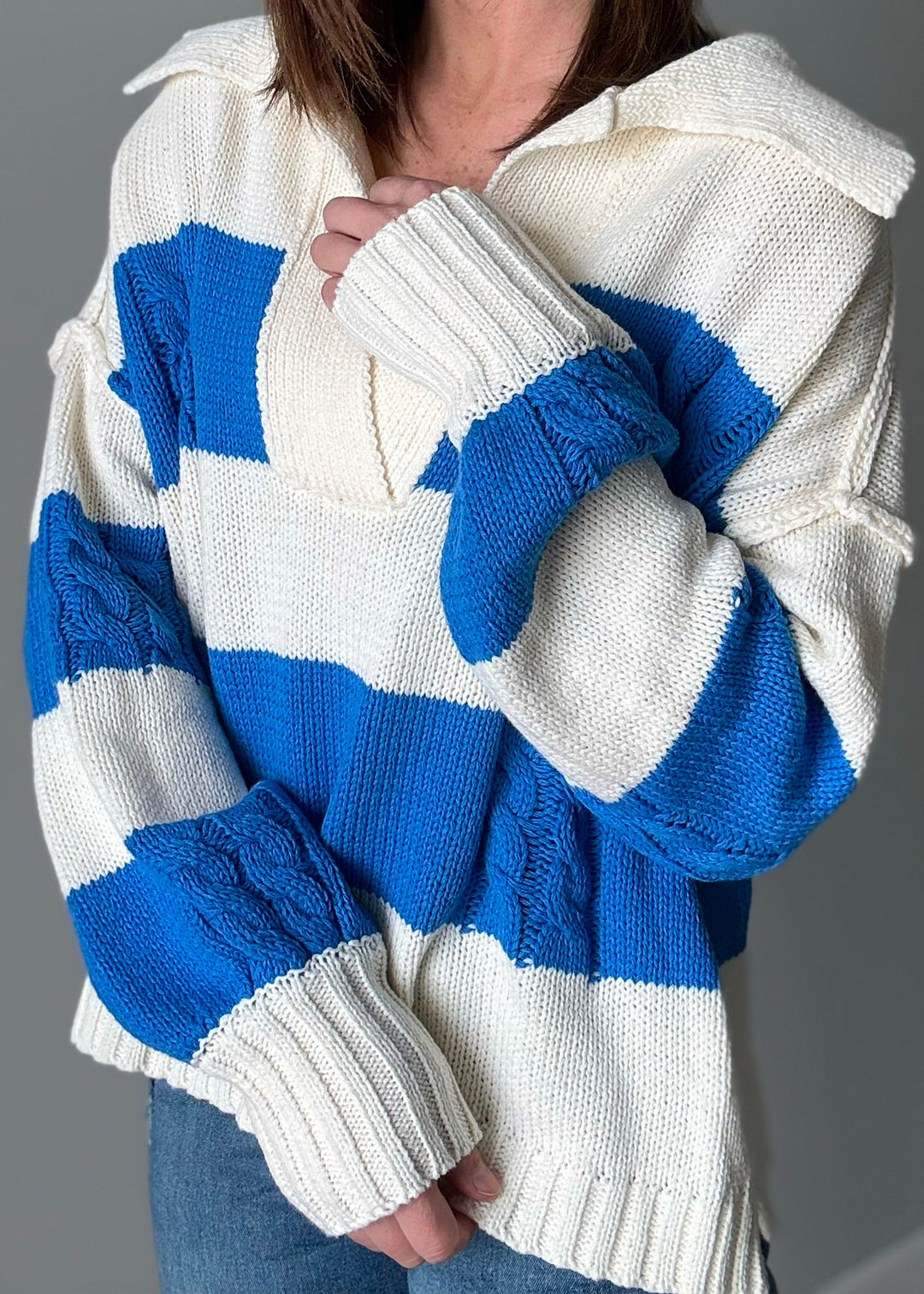 Women's Chunky Spring Sweater - Chunky Knit Pullover Sweater | blue and ivory striped sweater