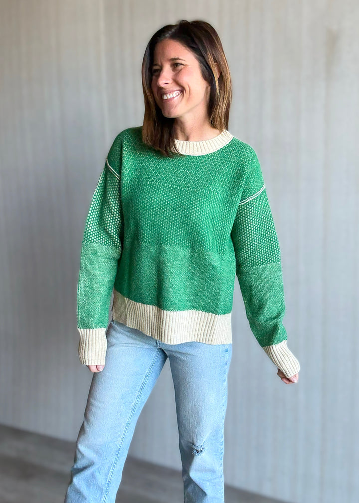 Green Color Block Textured Sweater
