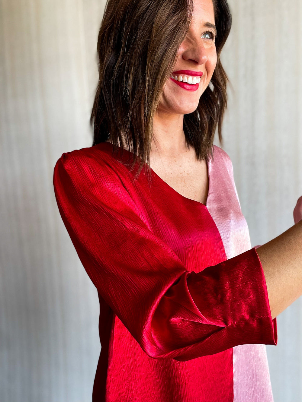 Red and pink color block shimmer top - dressy Christmas top 