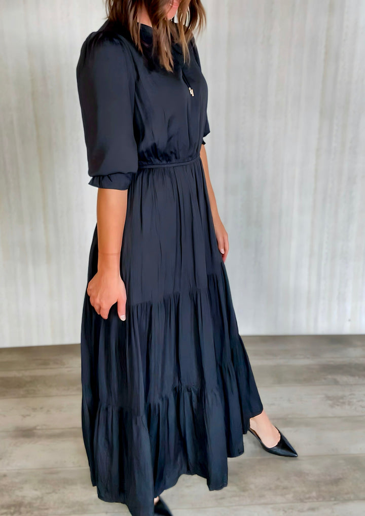 Classic Black Tiered Maxi Dress with three quarter sleeve | Black Special Event Dress