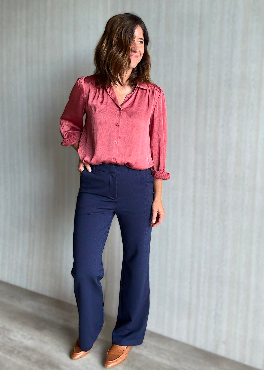 Skies Are Blue Women's Navy Knit Wide Leg Pants | Work Dress Pants